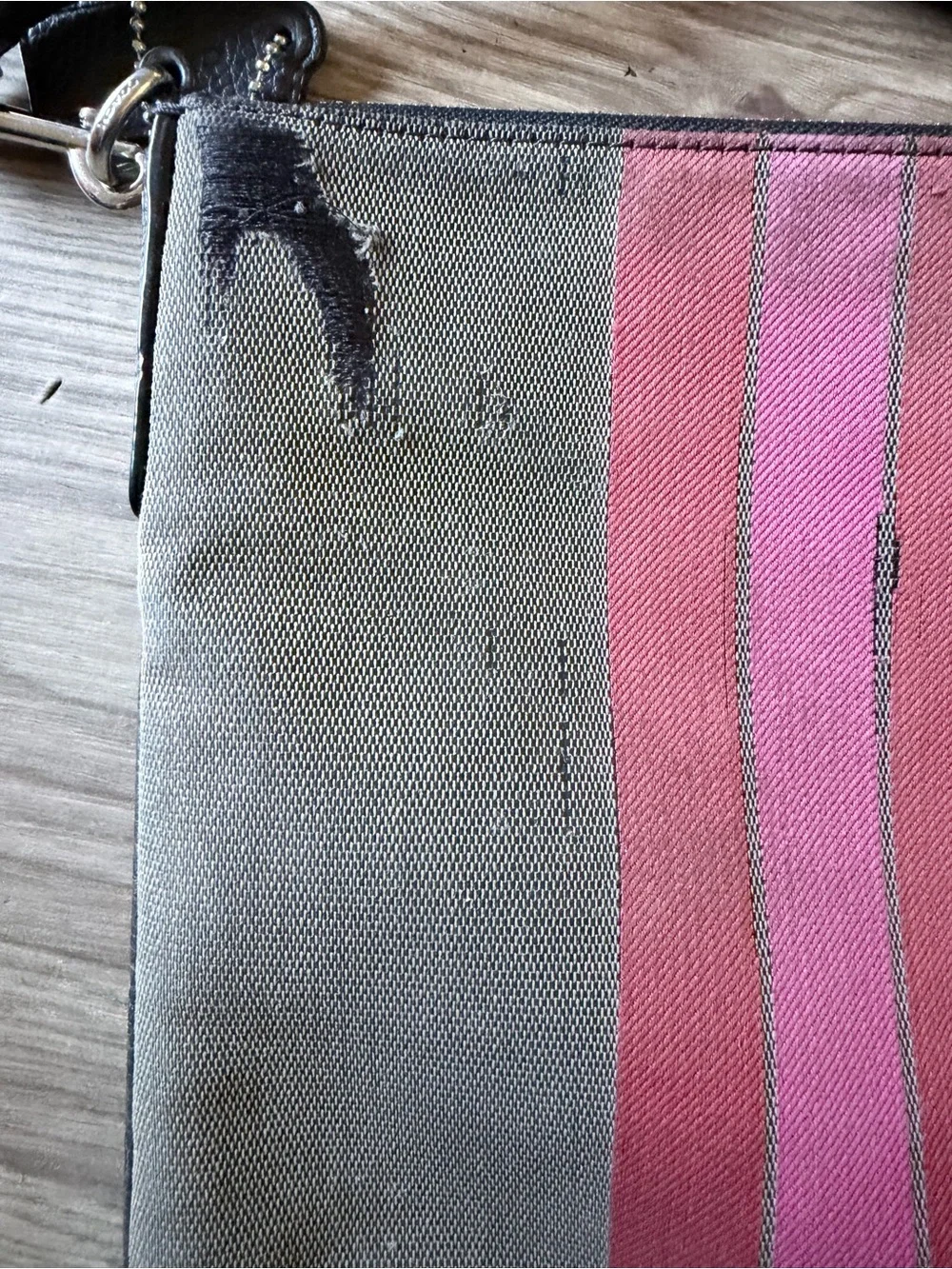 Coach New York Gray & Pink Stripe Canvas Crossbody Bag Authentic